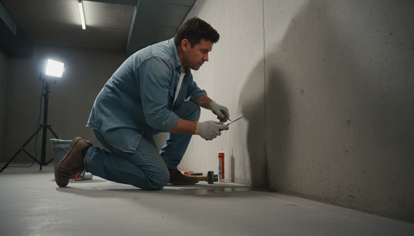 Person kneeling, applying masonry caulk with a caulk gun to a hairline crack in a concrete basement foundation wall.