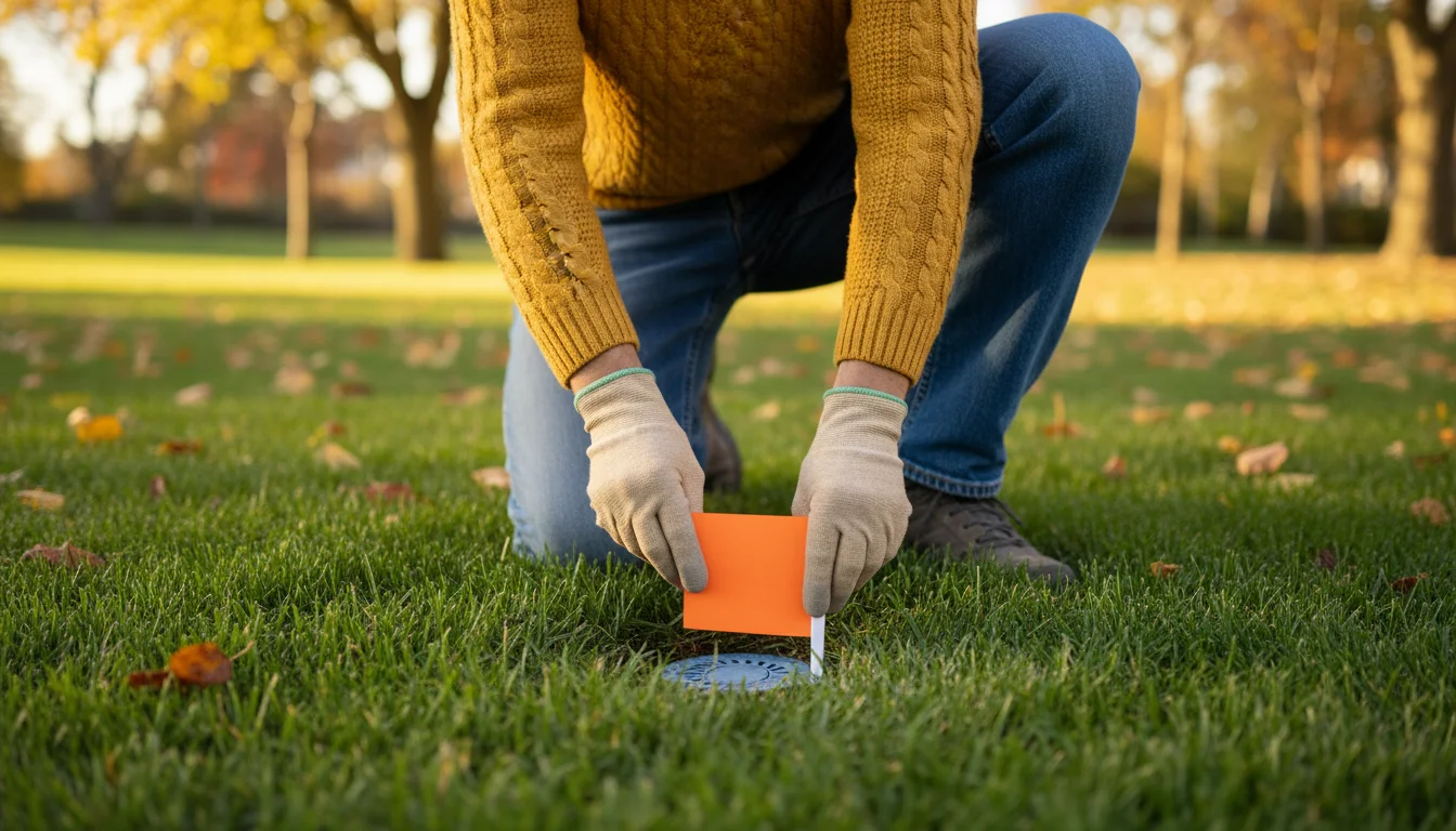 Person kneeling on an autumn lawn, wearing gloves, placing a bright orange flag next to a sprinkler head.