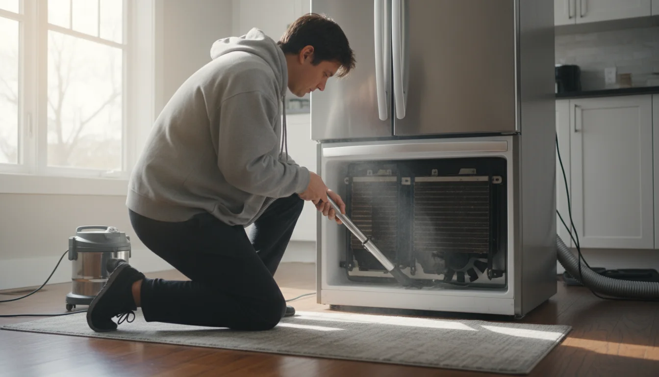 Person kneeling behind a stainless steel refrigerator, using a vacuum to clean dusty condenser coils at the bottom back.