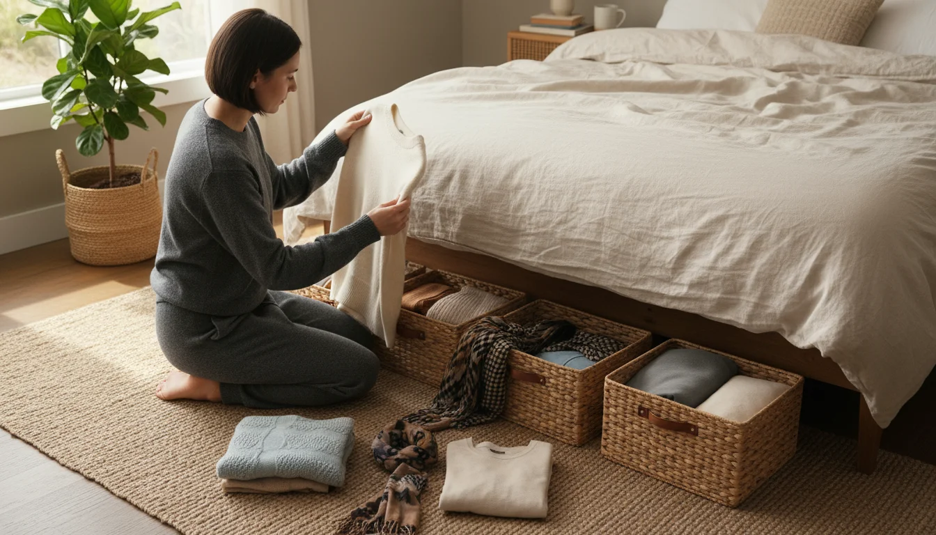 Person kneeling beside a bed, holding up a sweater, with seasonal clothes and open under-bed storage bins spread on the rug.