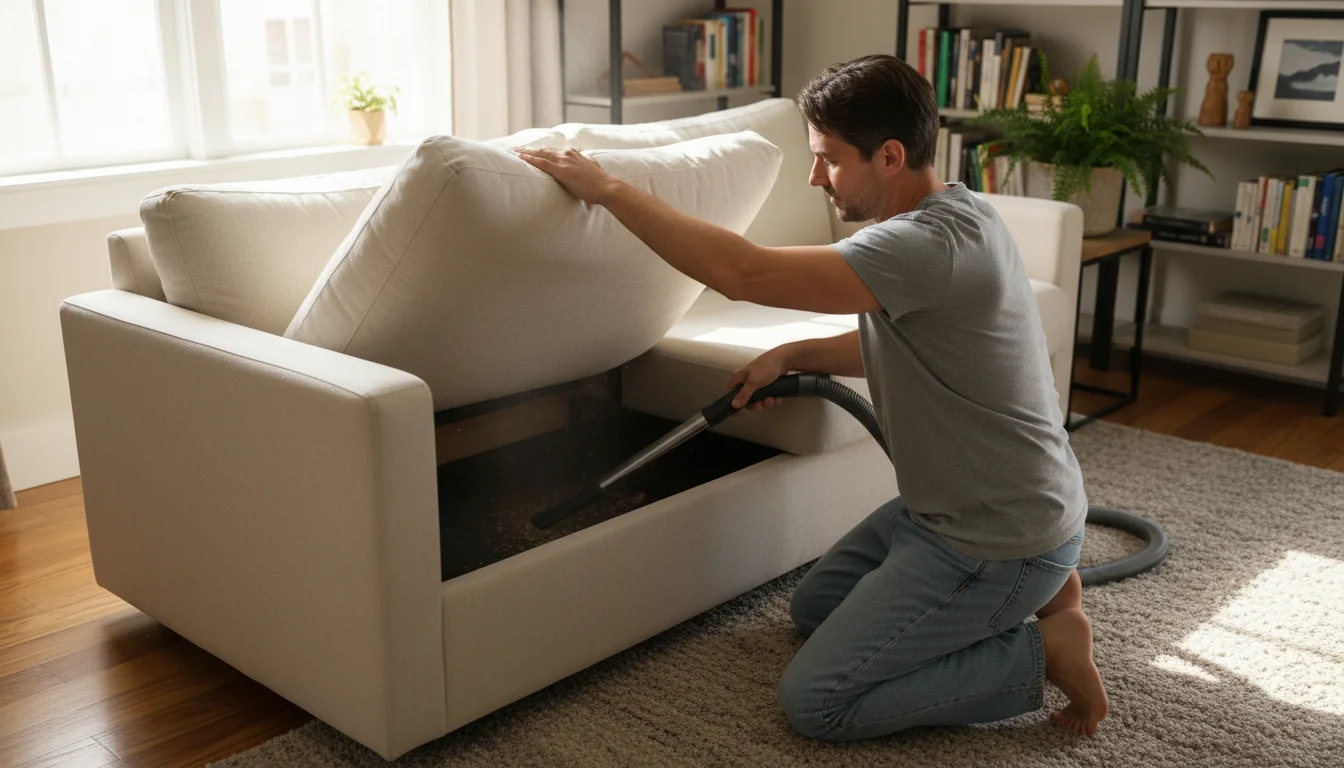 Person kneeling beside a fabric sofa, pulling back a cushion and vacuuming deep into the crevices with an upholstery attachment.
