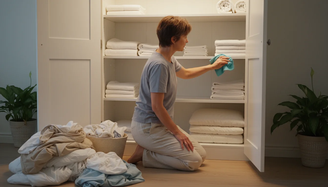 A person kneeling beside an open linen closet, wiping a shelf, with a stack of folded towels and sheets on the floor.