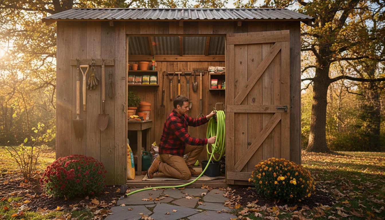 Person kneeling, neatly coiling a green garden hose for storage inside an organized garden shed during fall.