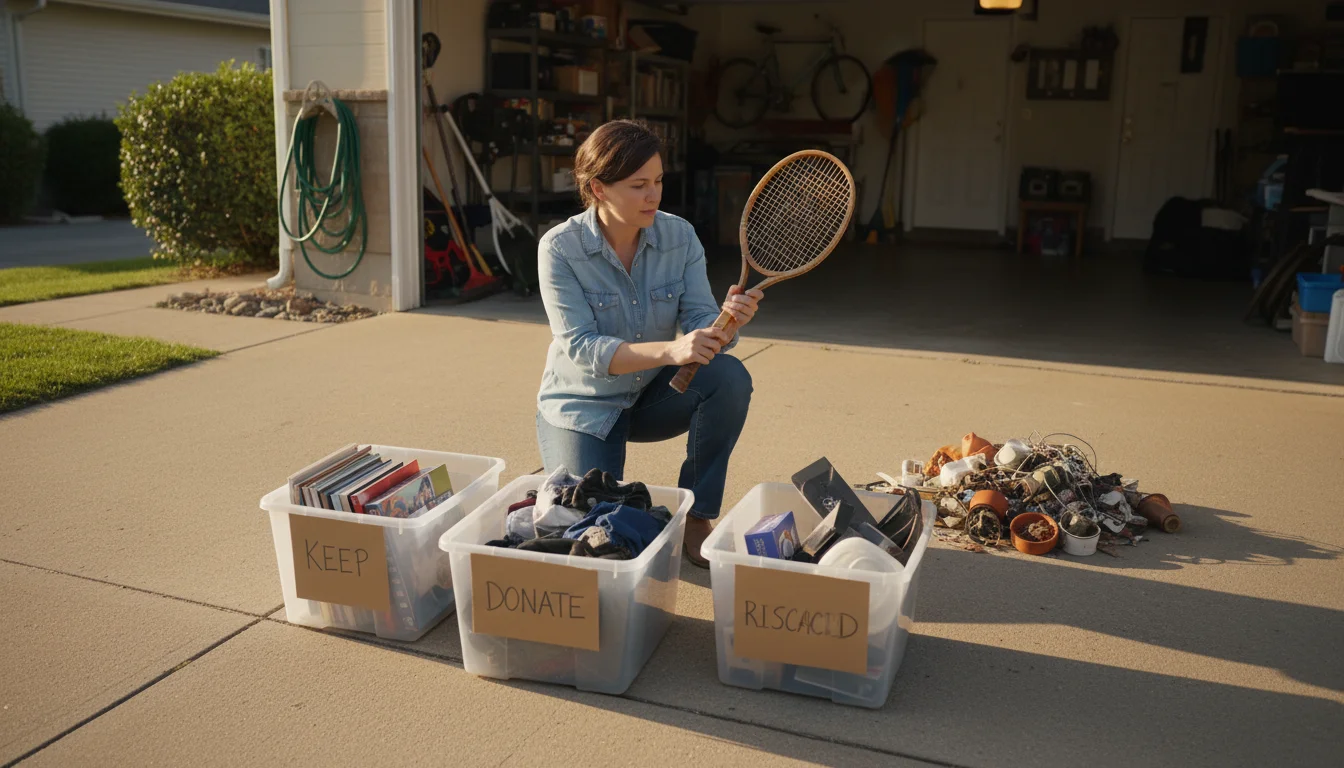 Person kneeling on a driveway, sorting garage items into labeled boxes for keep, donate, recycle, and a discard pile.