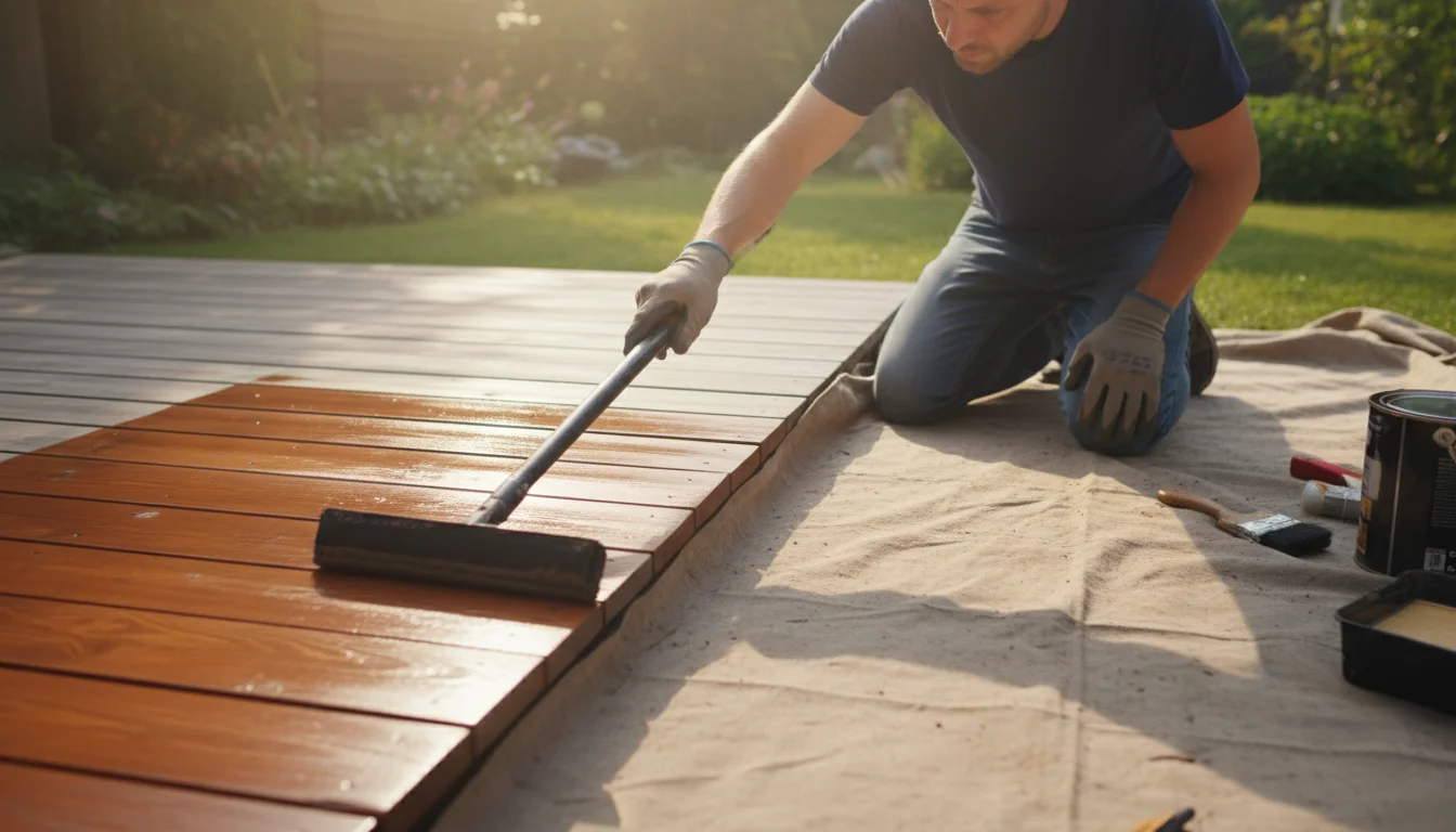 A person kneeling on a drop cloth applies warm-toned protective stain to wooden deck planks using a long-handled applicator, renewing the wood.