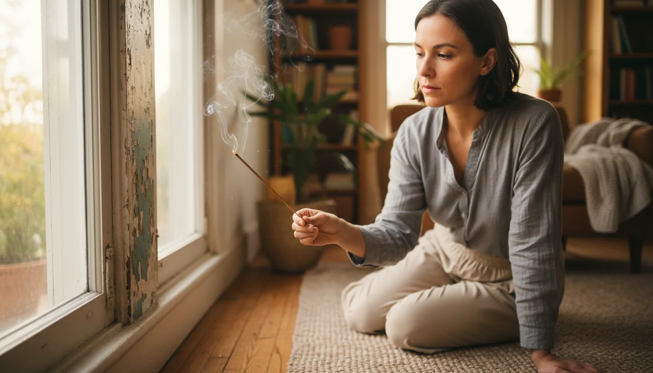 Person kneeling, holding a lit incense stick near an old wooden window, smoke wavering to show an air leak.