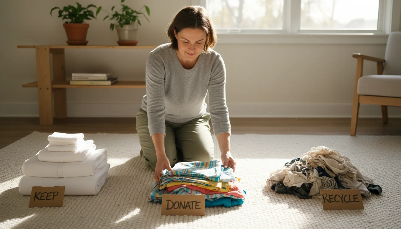 Person kneeling on a light rug, actively sorting laundry into three piles: neatly folded white towels, colorful sheets, and frayed washcloths in a bin