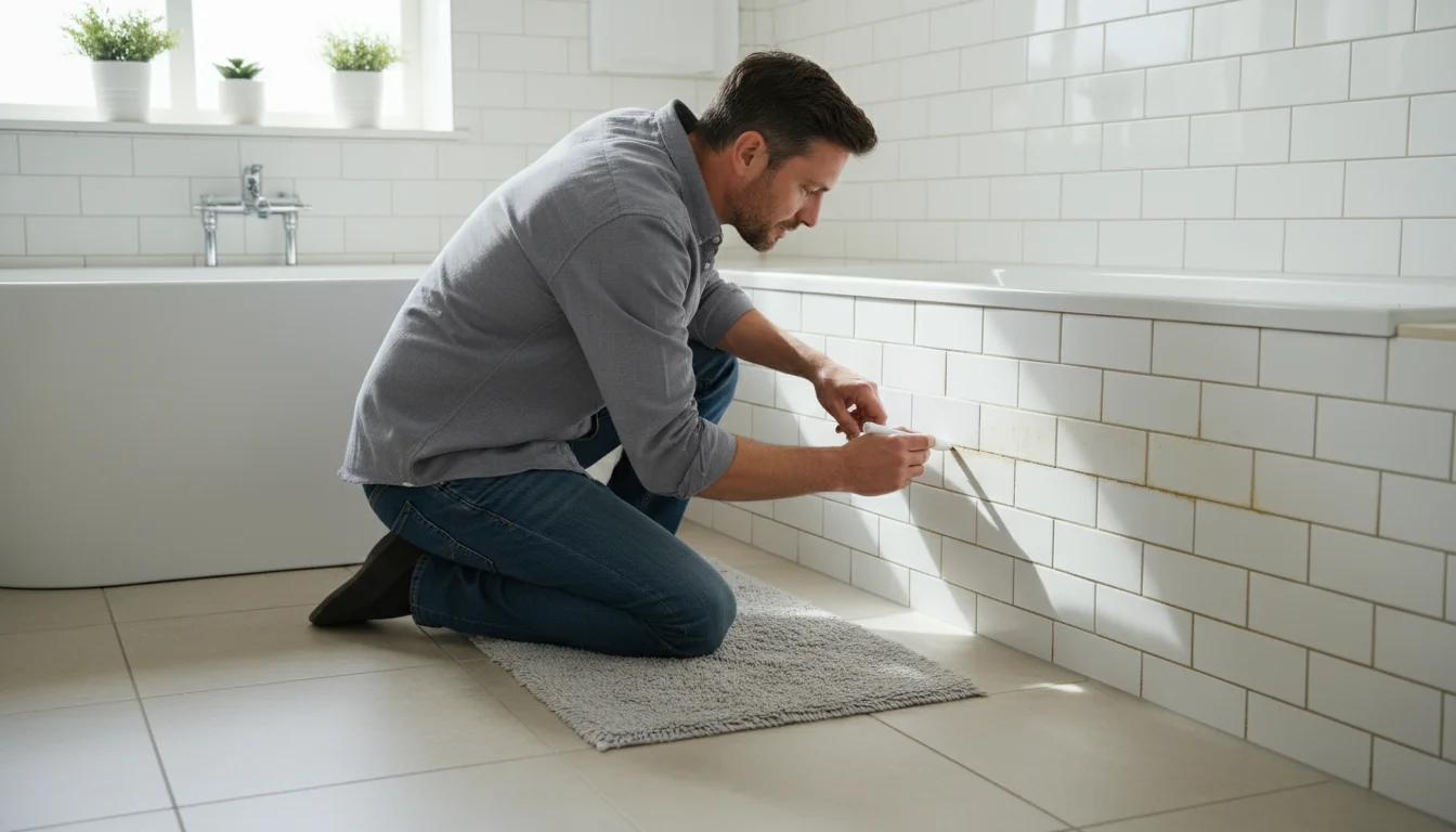 Person kneeling, meticulously applying a white grout pen to discolored bathroom wall tiles, with a clear section of refreshed white grout visible.