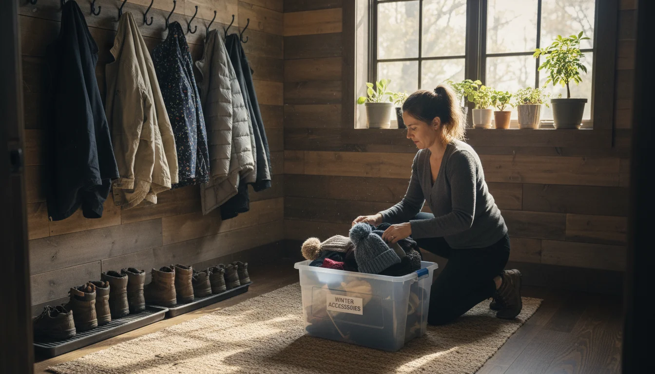 Person kneeling in a mudroom, sorting winter accessories next to a clear storage bin, with coats hanging on hooks.