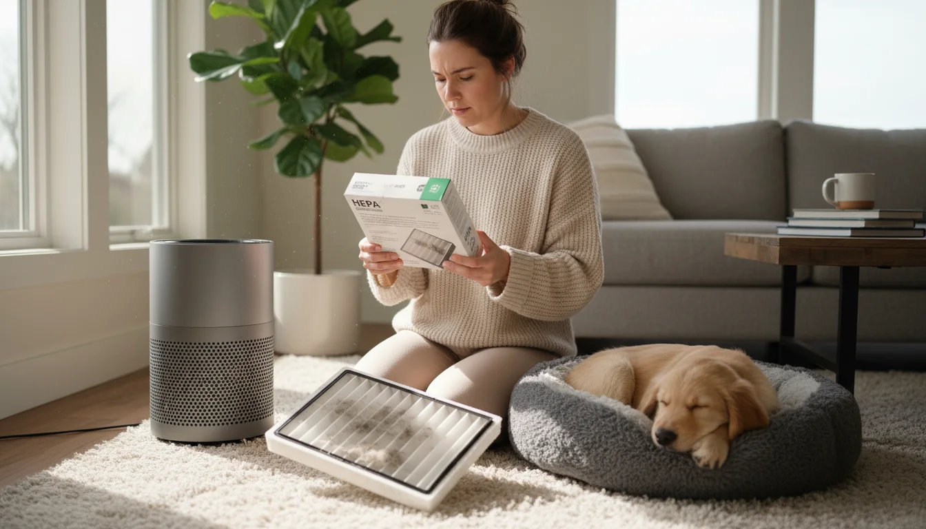 Person kneeling next to an air purifier, examining a new filter package. An old filter sits nearby, and a dog naps on a bed.