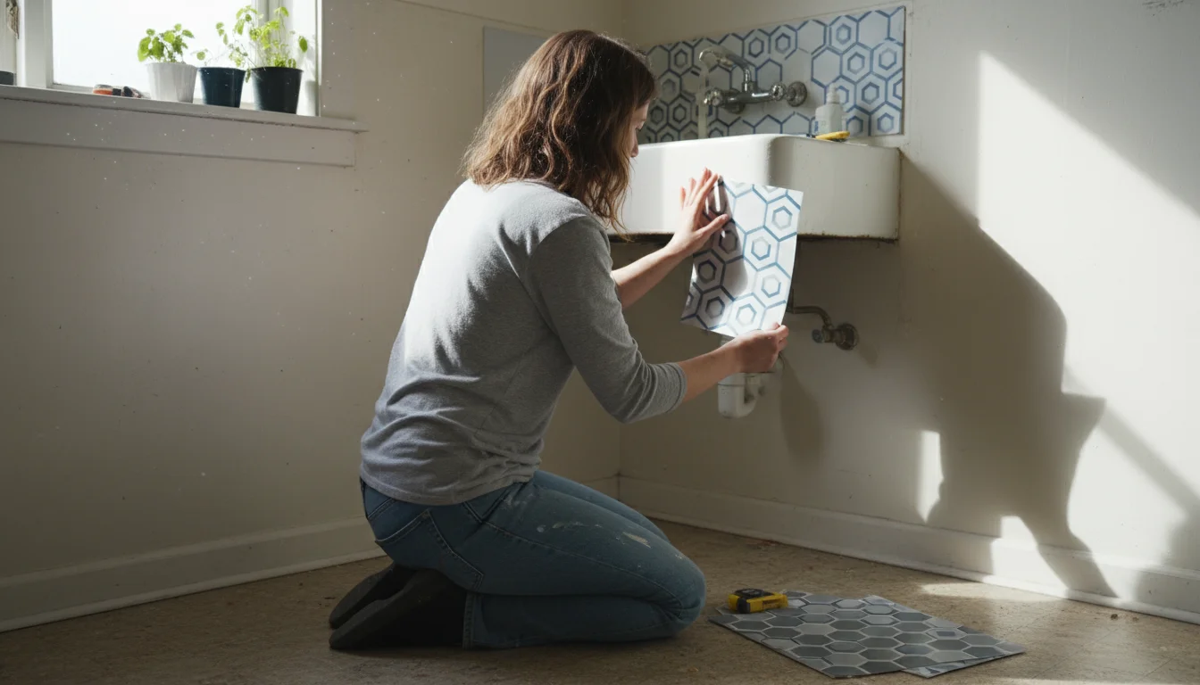 Person kneeling in a rental kitchen, holding a peel-and-stick tile sample against a wall, with another sample on the floor.