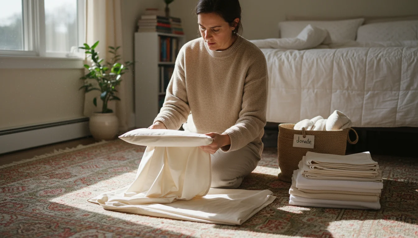 Person kneeling on a rug, sorting folded sheets and towels. They hold a sheet, comparing it to a pillowcase next to a small keep pile.