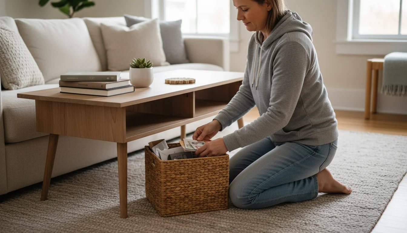 A person kneeling, gently sorting mail and magazines on a small console table into a wicker basket in a softly lit room.