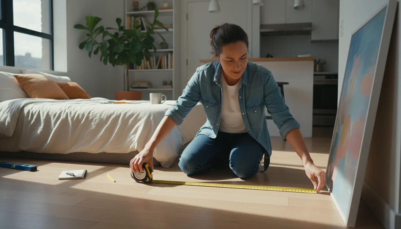 Person kneeling on a studio apartment floor, measuring the distance between a bed and a desk with a tape measure and noting it in a pad.