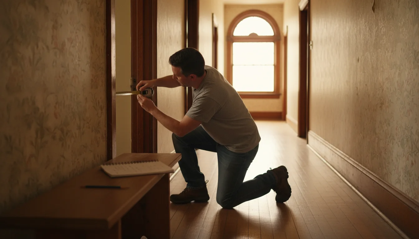 Person kneeling in a sunlit hallway, meticulously measuring a well-worn wooden doorframe with a retractable tape measure. A notebook and pencil are on