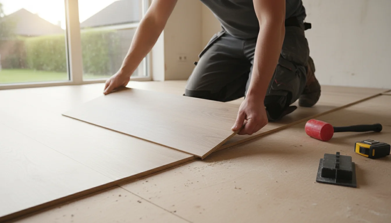 Person kneeling, gently tapping a light wood-look laminate flooring plank into place with a click-lock system over an underlayment.