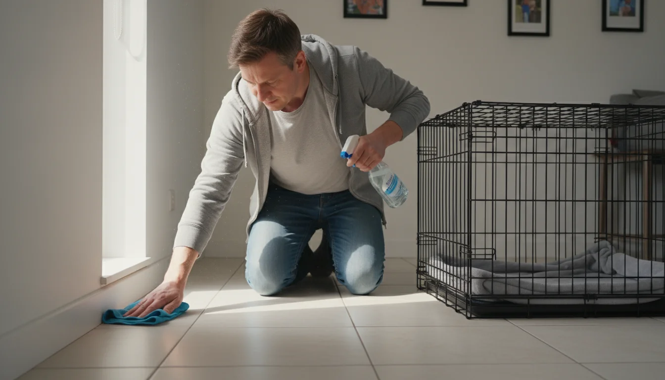 Person kneeling on a tile floor, wiping a baseboard next to a pet crate with a spray bottle and cloth.