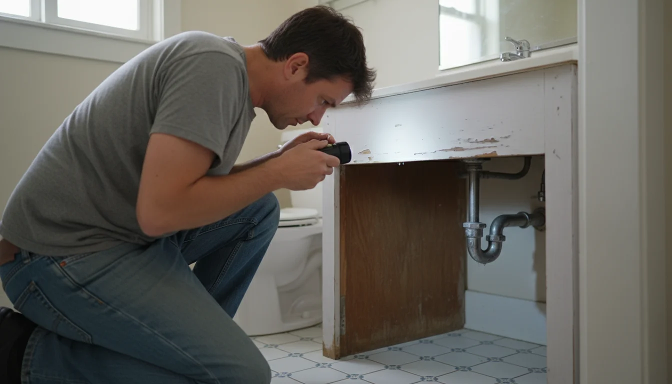 Person kneeling on a tiled bathroom floor, diligently checking under a simple wooden vanity with a small flashlight, inspecting plumbing for any signs