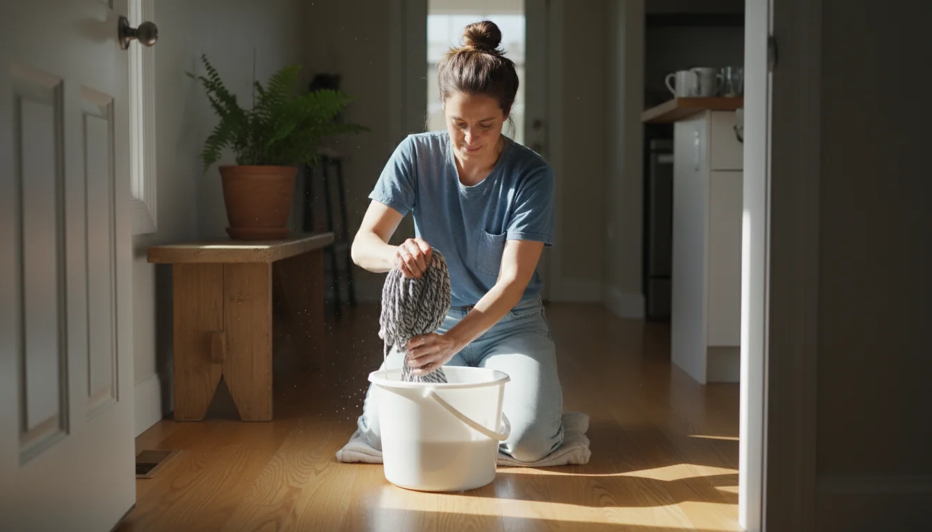 A person kneeling to wring a mop over a bucket on a sunlit hardwood floor. Vinegar and essential oil bottles are nearby.