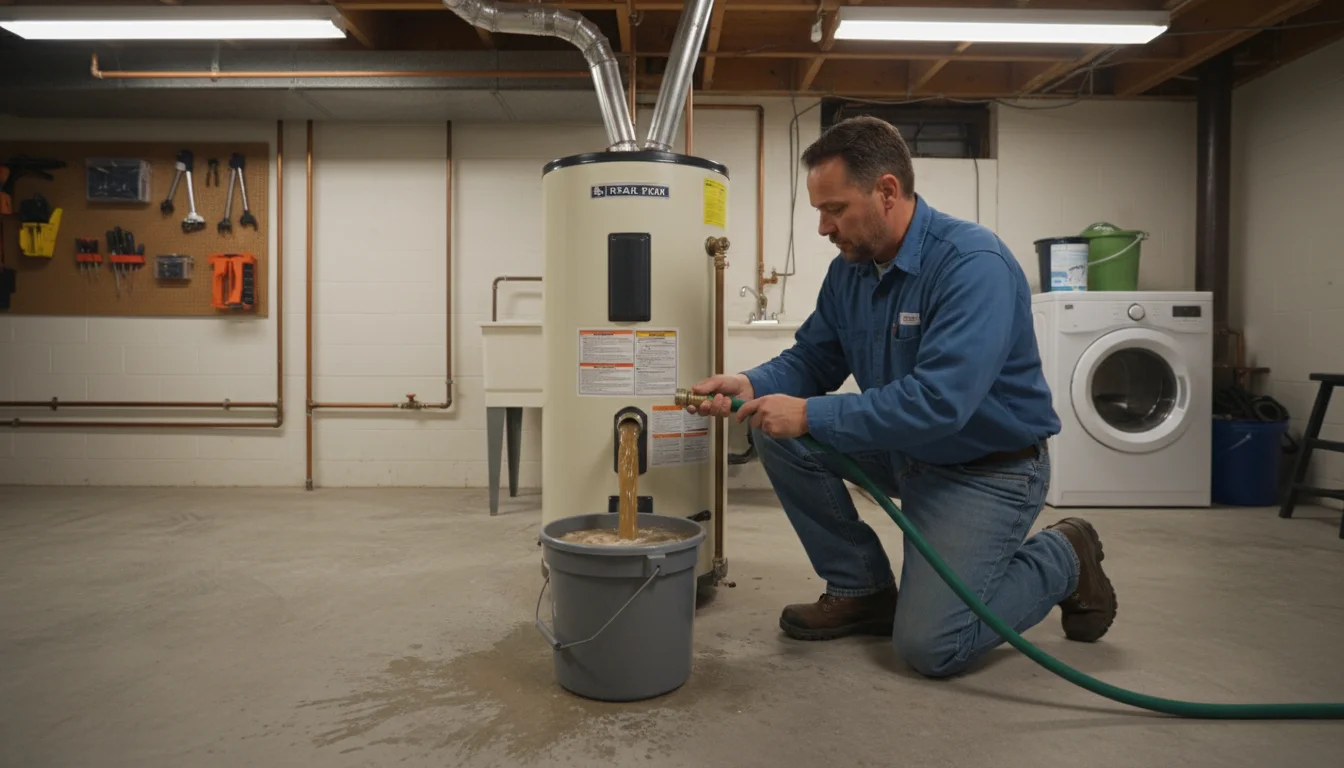 A person kneels in a basement utility area, watching murky water drain from a water heater into a bucket via a hose.