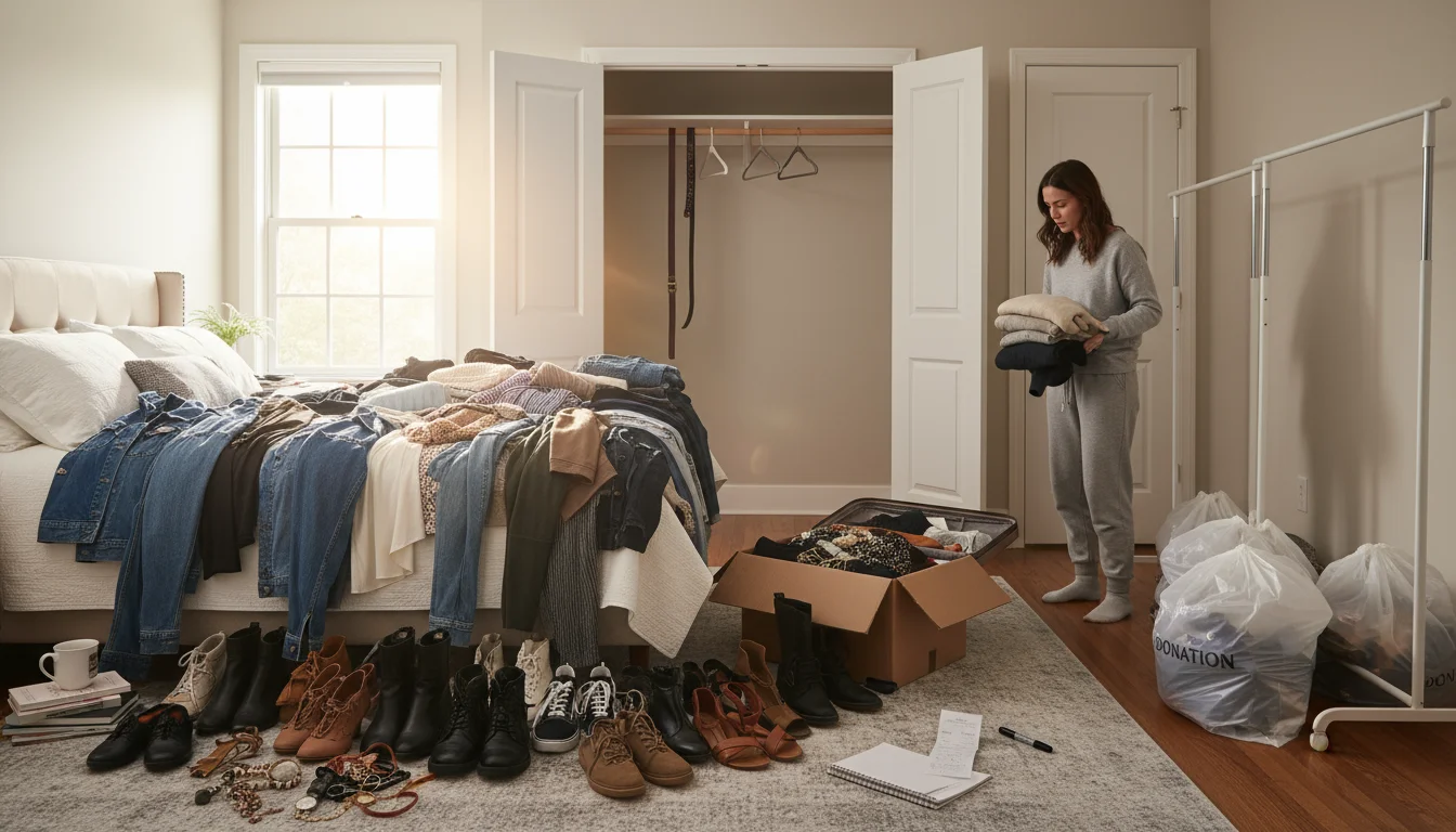 A person kneels on a bedroom floor surrounded by a huge, sprawling pile of clothes pulled from an open, empty closet, thoughtfully holding up a sweate