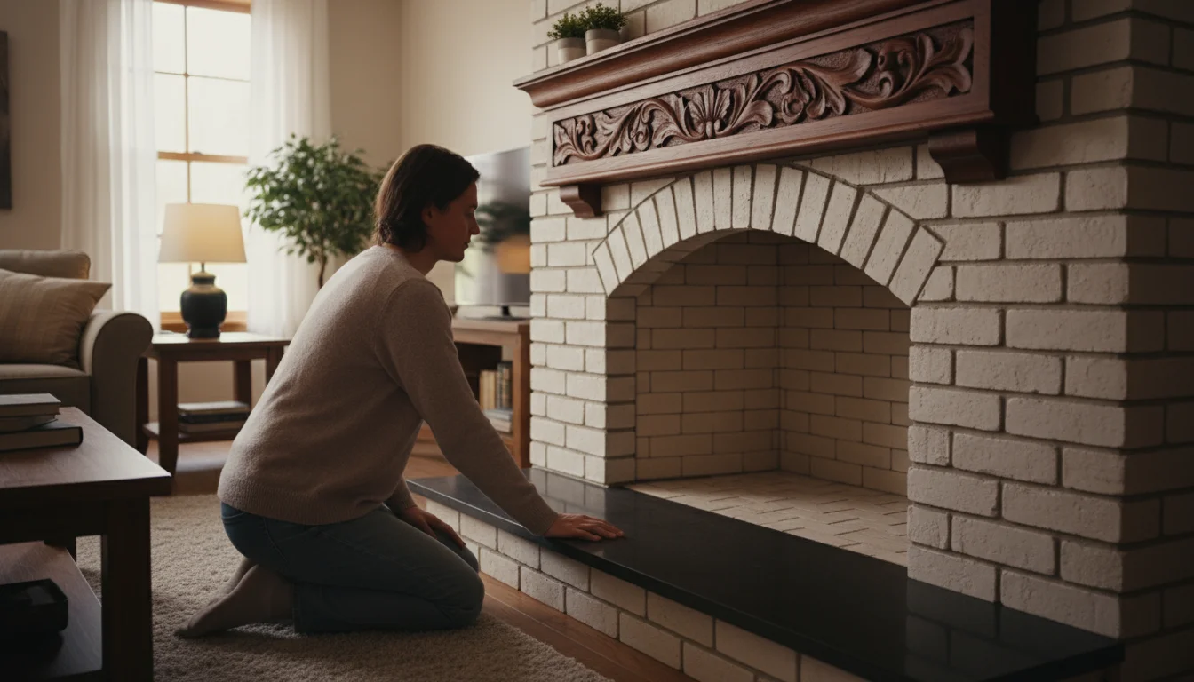 A person kneels by a clean brick fireplace, looking into the firebox. The smooth hearth and a partially visible damper are also shown.