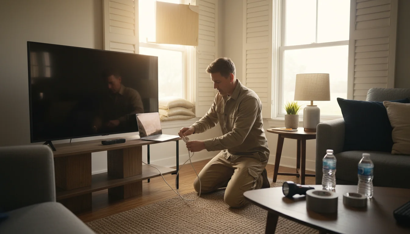 A person kneels, neatly coiling an unplugged lamp cord. A TV and laptop are elevated on wooden blocks, and documents are in a waterproof bag on a shel