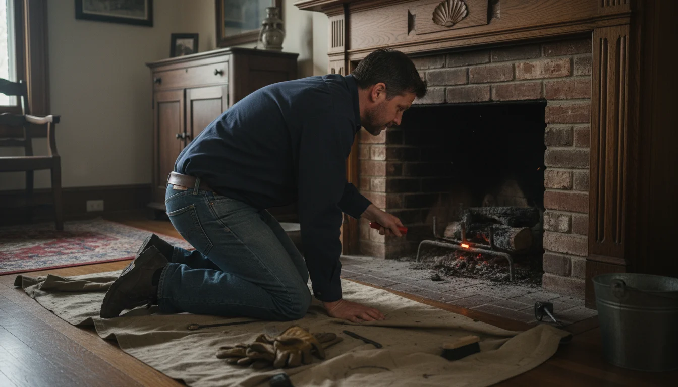 A person kneels on a drop cloth, peering intently into a fireplace firebox with a bright flashlight, inspecting the flue.