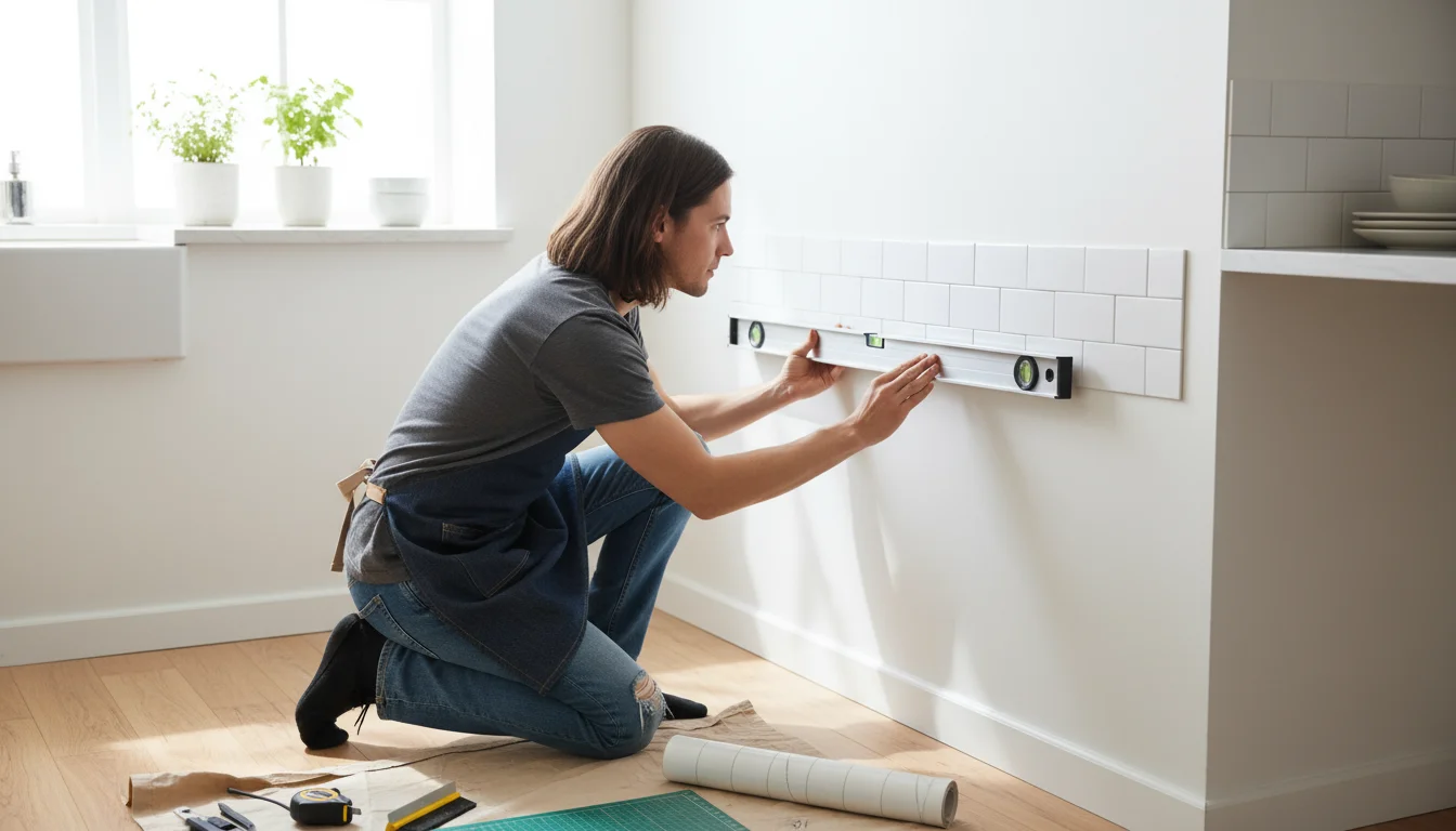 A person kneels, carefully holding a long level against a wall to draw a guide line for peel-and-stick tiles, with slightly misaligned tiles visible b
