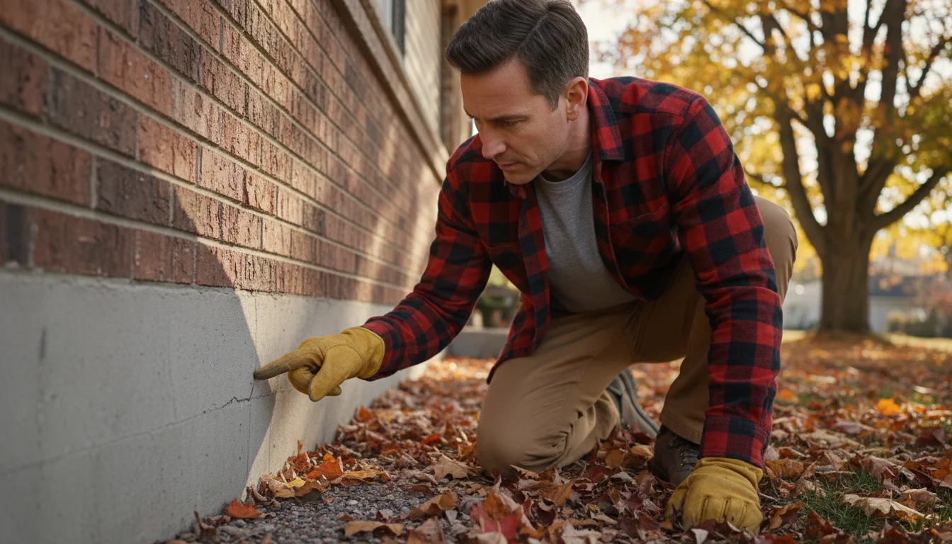 A person kneels, intently examining a hairline crack in a home's concrete foundation, with fall leaves scattered on the ground.