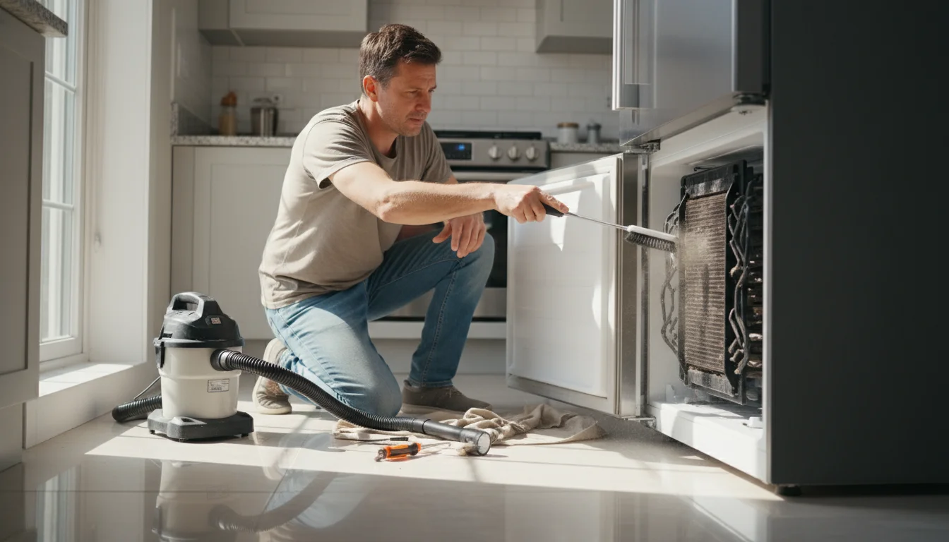 A person kneels on a kitchen floor, cleaning dusty condenser coils under a pulled-out stainless steel refrigerator with a long brush.