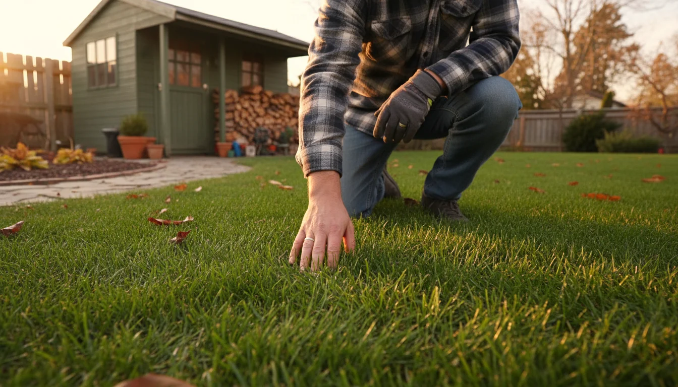 Person kneels on a neatly mowed autumn lawn, gently touching the 2-2.5 inch tall grass, preparing for winter.