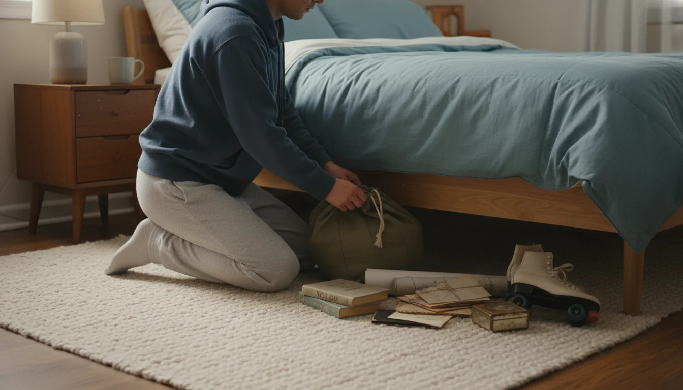 A person kneels next to a bed, pulling a dusty fabric bag from underneath, with other items and clear storage bins on the floor.
