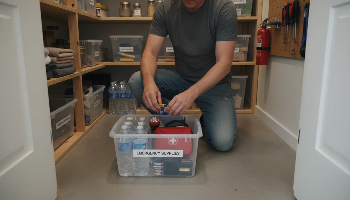 A person kneels in a pantry, adding batteries to a clear storage bin filled with budget-friendly storm supplies.