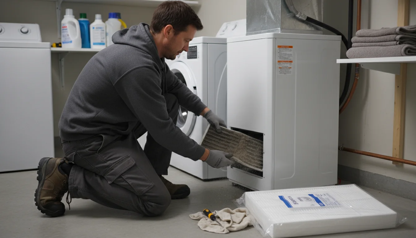 A person kneels, pulling a dusty furnace filter from a white unit, with a new filter ready nearby in a utility space.