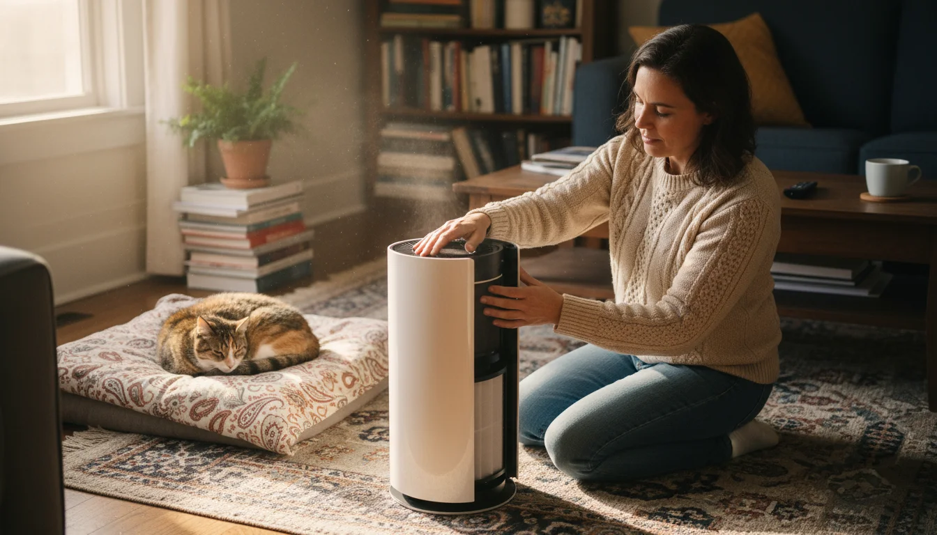 A person kneels on a rug examining an air purifier filter. A cat rests on a blanket nearby in a cozy living room.