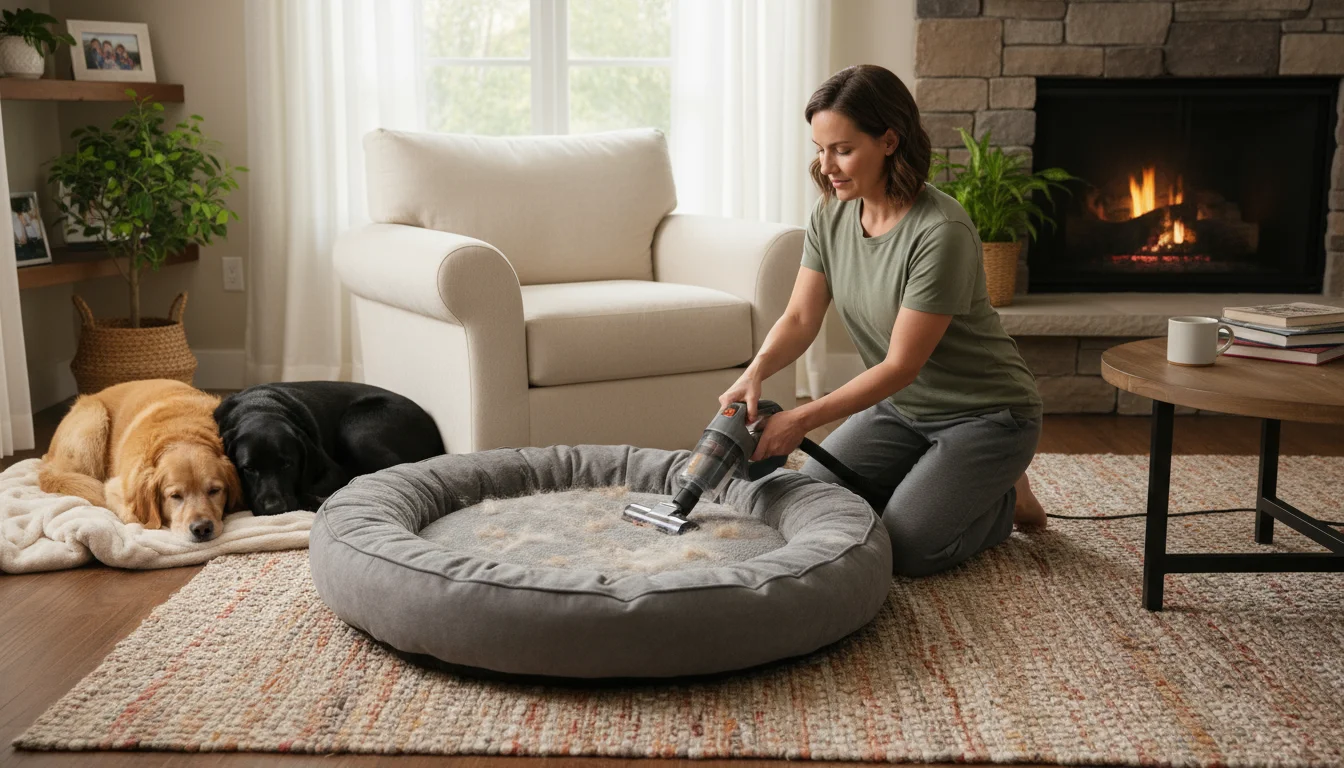 A person kneels on a rug in a cozy living room, using a handheld vacuum to clean a dog bed.