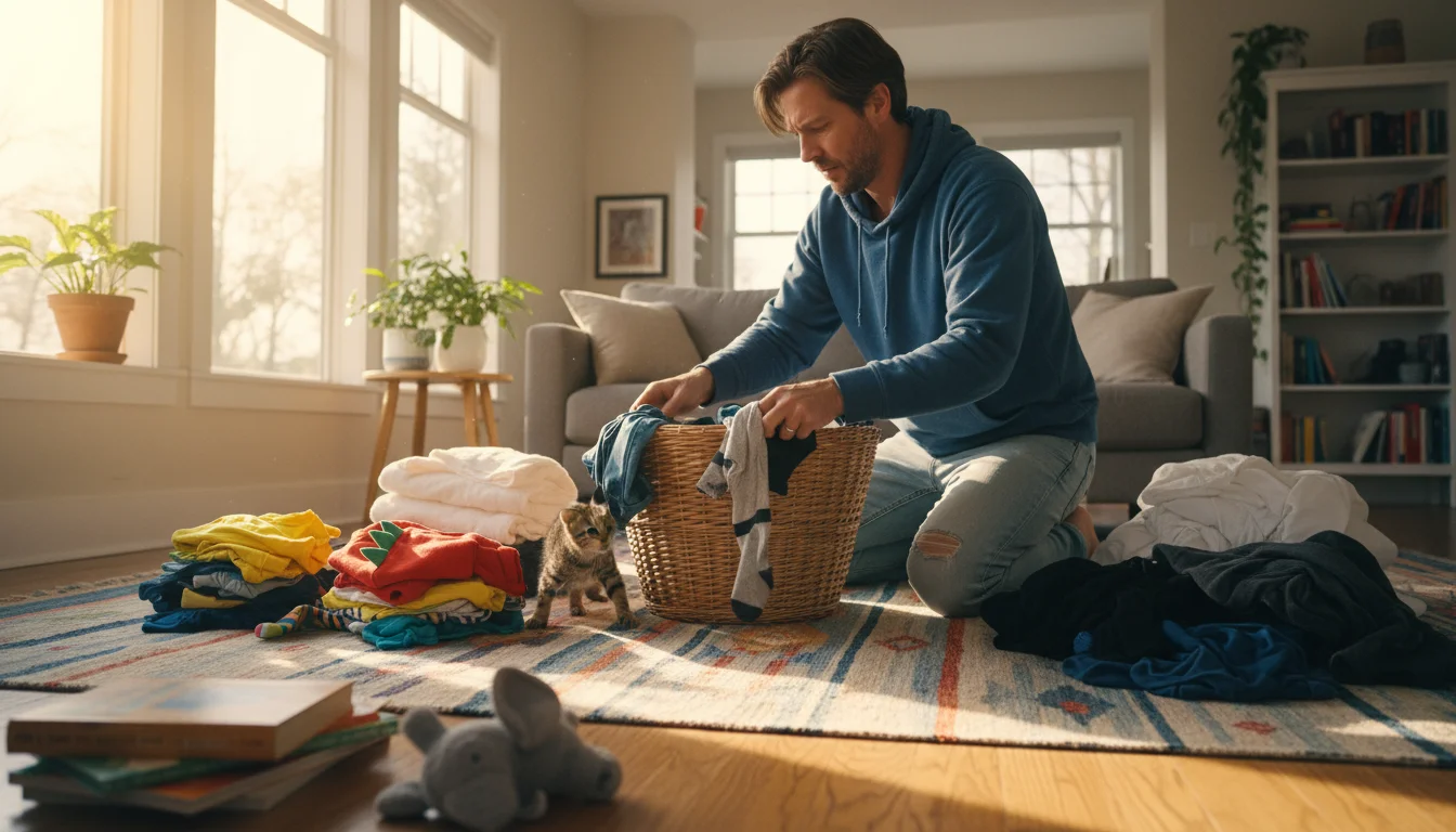 A person kneels on a rug, sorting clothes into piles of children's pajamas, adult activewear, and linens on the floor.