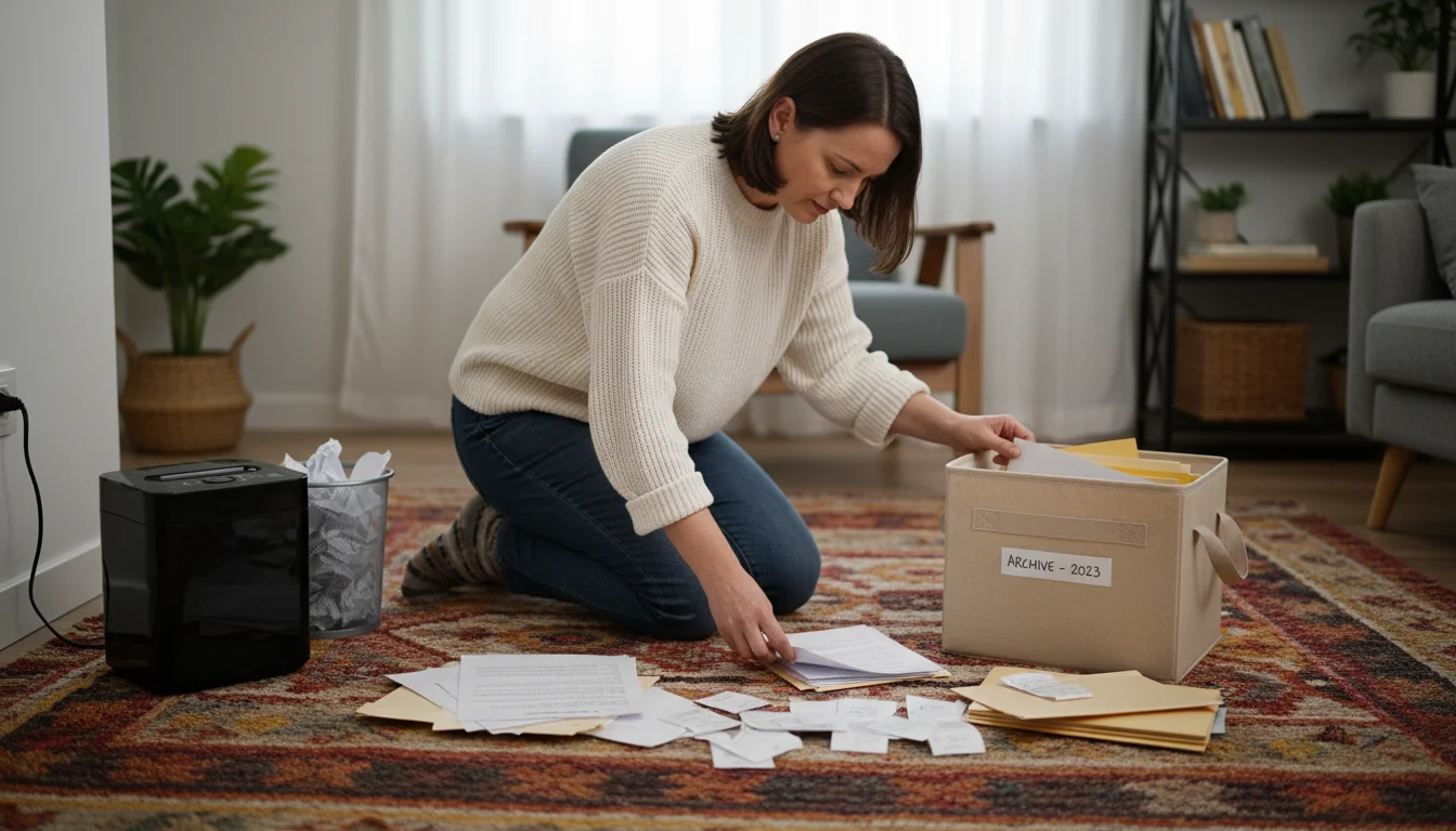A person kneels on a rug, sorting through paper documents with a shredder, recycling bin, and document box nearby. A laptop is on a coffee table in th