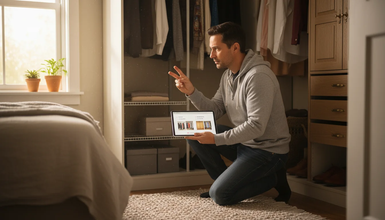 Person kneels, thoughtfully comparing a simple wire closet shelf and a modular shelving system in a bedroom, holding a tablet.