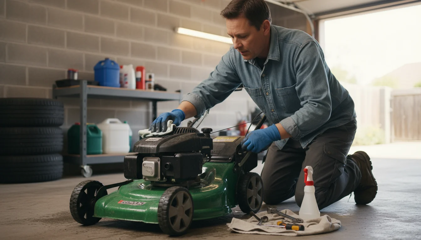 A person kneels, carefully wiping down a clean gas lawnmower in a garage, with a bottle of fuel stabilizer on a shelf behind them.