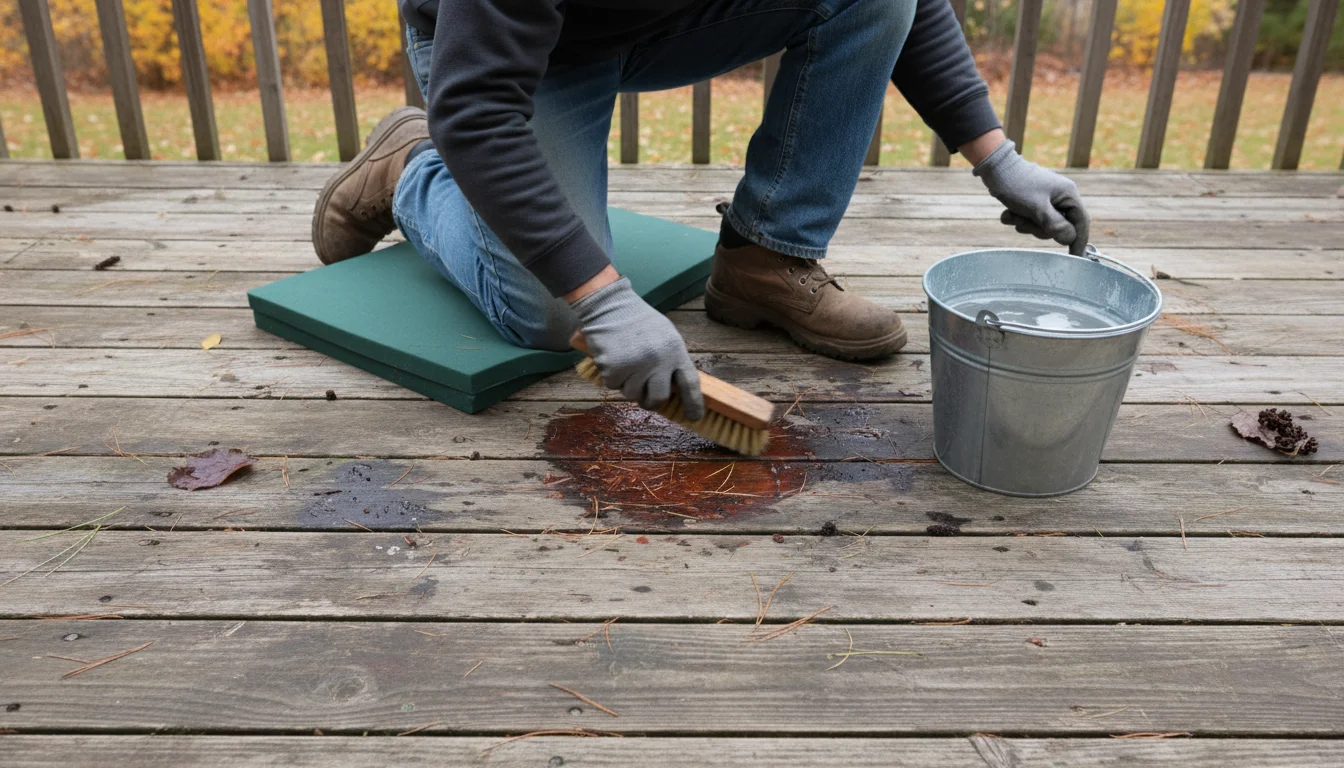 A person kneels on a wooden deck in autumn, scrubbing a dark stain with a stiff brush and cleaning solution next to fallen leaves.