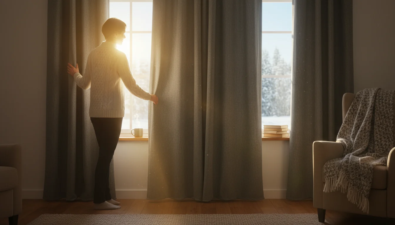 A person in a knit sweater opens an insulated curtain, letting golden winter sunlight stream into a cozy living room.