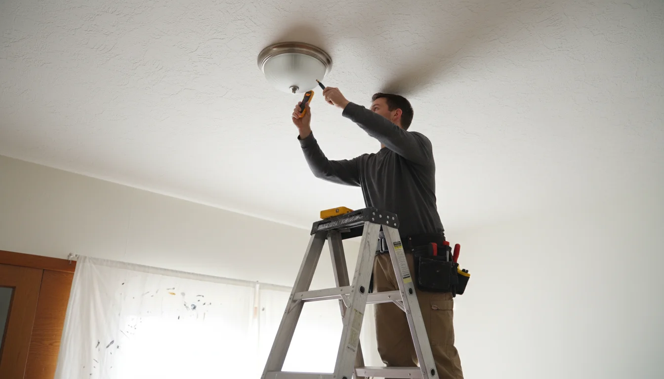 Person on ladder using a non-contact voltage tester to check an old, unlit ceiling light fixture for power before removal.