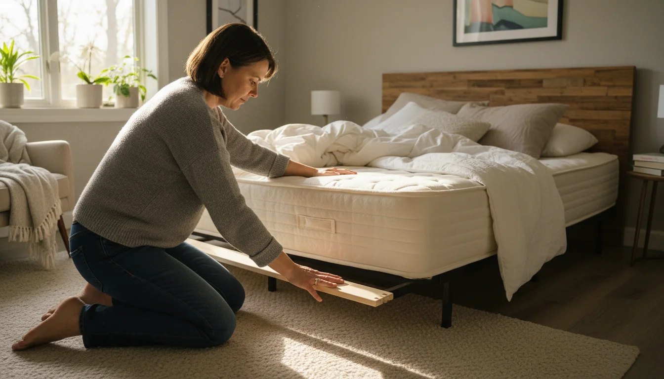 Person in late 30s kneeling by a bed, hand checking the firmness of a wooden bed slat under the mattress.