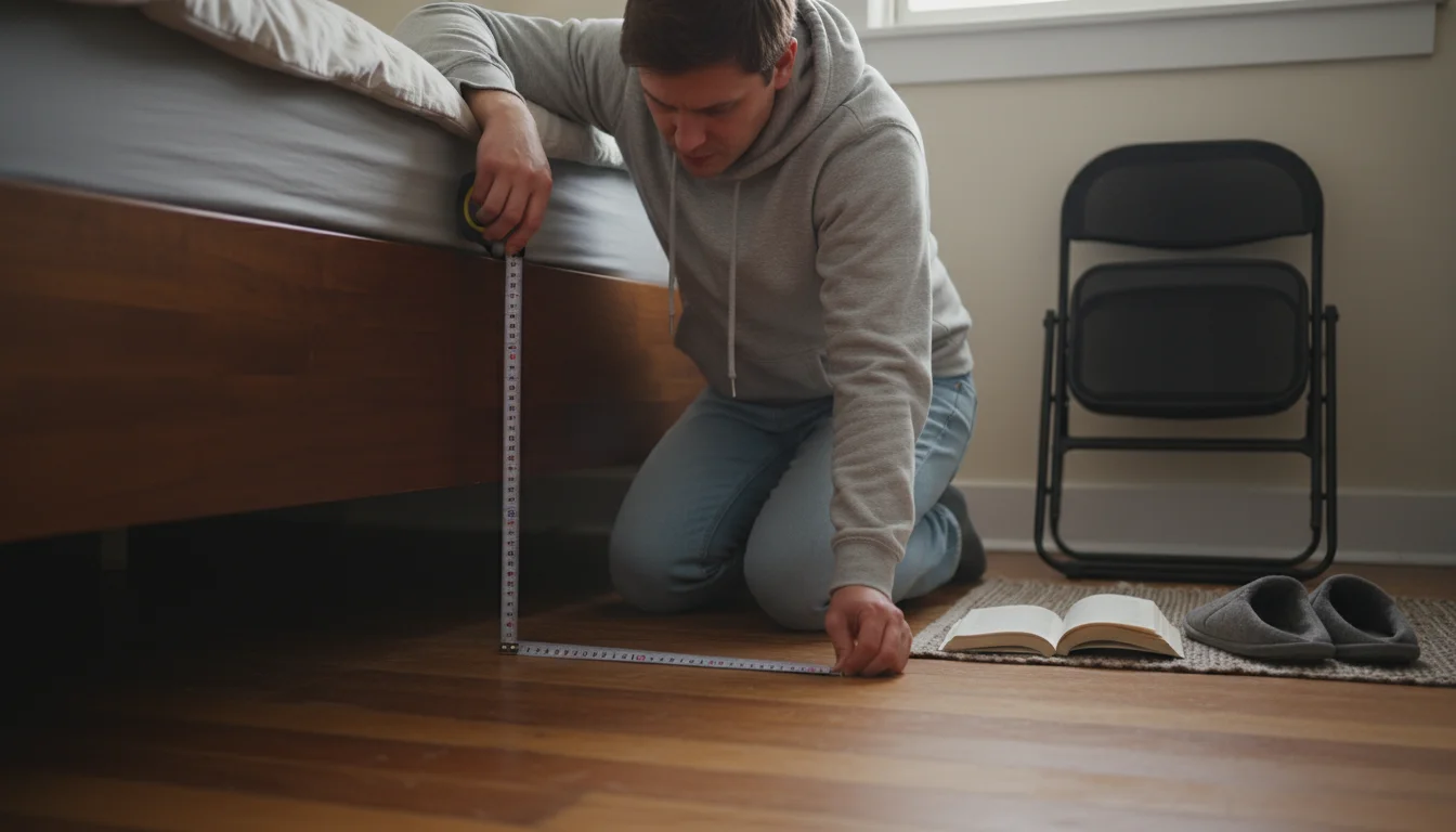 A person leans down, tape measure in hand, peering under a bed frame to assess available storage space. A small pile of clothes and books sits nearby.