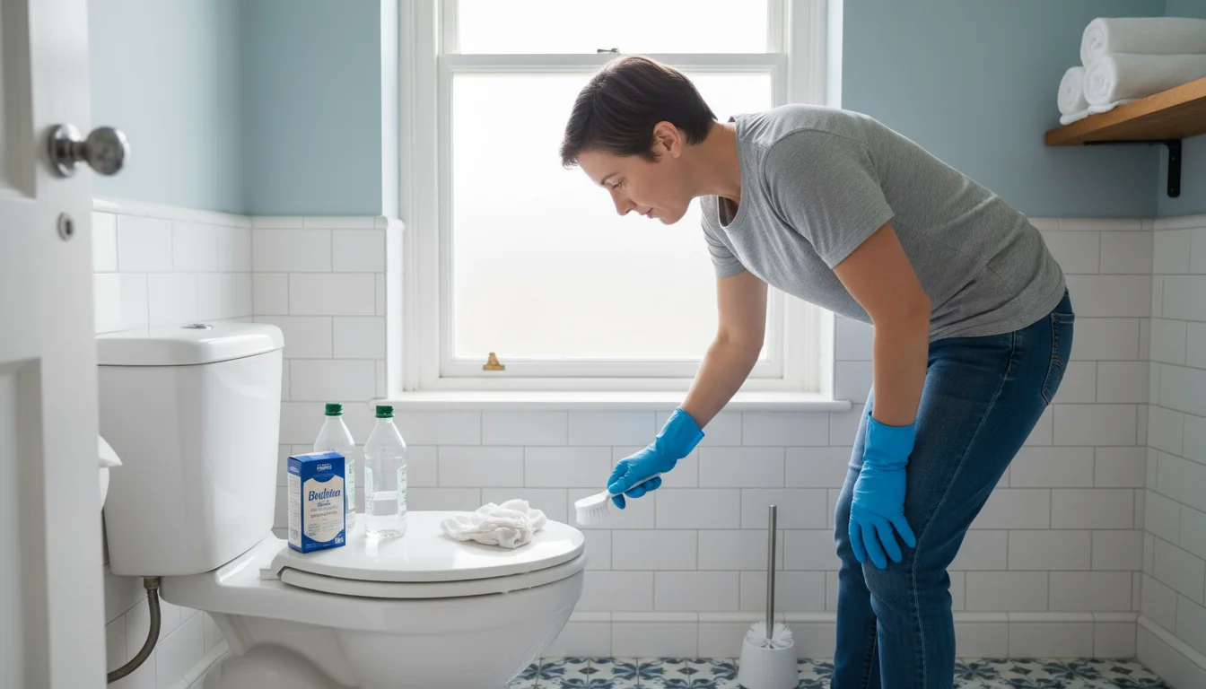 A person leans over a toilet with white vinegar and baking soda bottles on the tank, ready for gentle cleaning in a bright, practical bathroom.