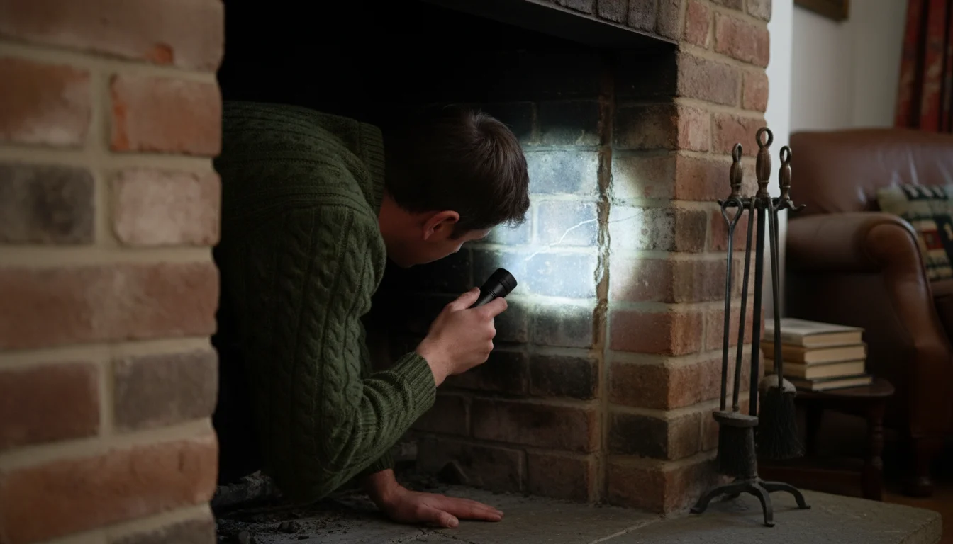 A person leans into a traditional brick fireplace, illuminating its interior with a flashlight to inspect a crack in the mortar and the damper handle.