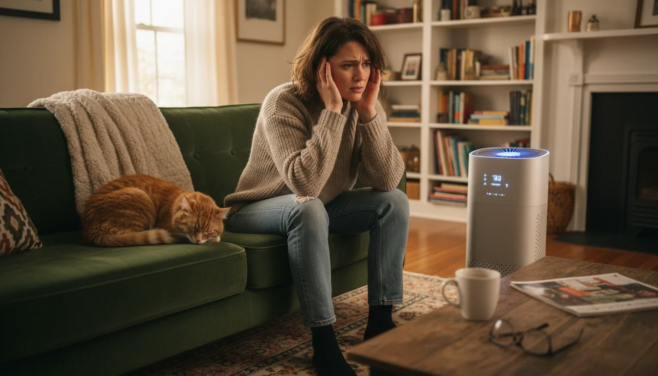 A person listens intently to a modern air purifier in a cozy living room, while a cat sleeps peacefully on a nearby sofa.