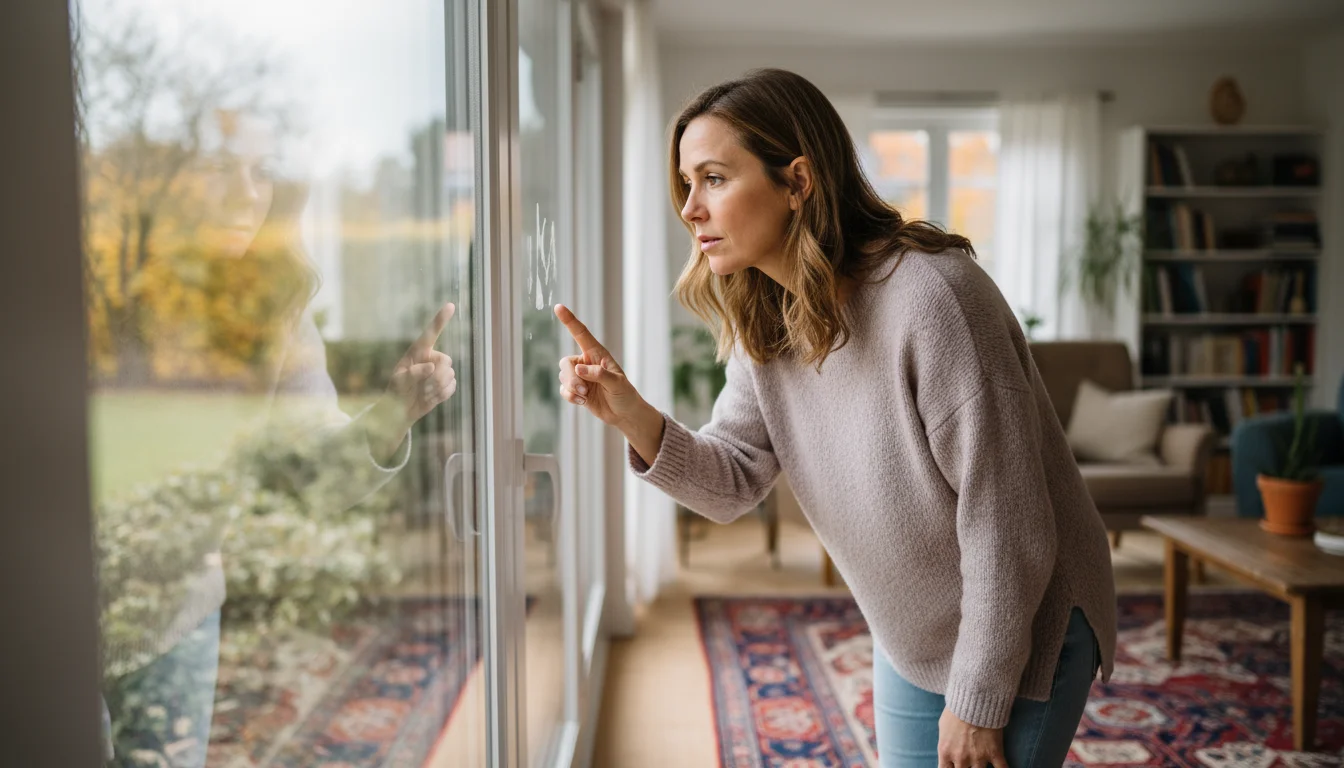 A person in a living room points to a subtle streak on a clean window pane, highlighted by natural light.